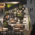 Geometric Step Landscape With Wooden Stone Steps Green Plants And People In Open Space