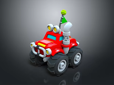 Red Cartoon Toy Truck With Large Wheels Green Antenna And White Details 3d model