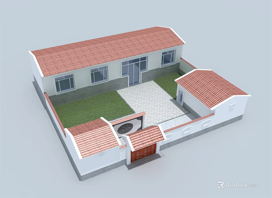 Rural Self built House with Red Tile Roof White Walls and Courtyard Lawn Stone Path 3d model 
