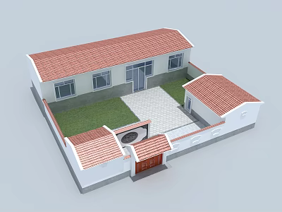 Rural Self built House with Red Tile Roof White Walls and Courtyard Lawn Stone Path 3d model