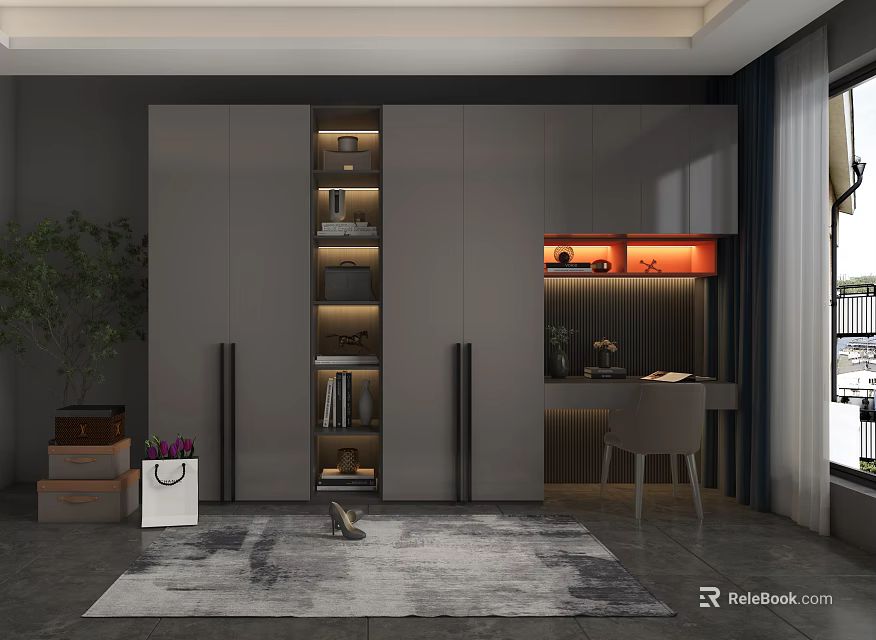 Modern Gray Wardrobe Interior with Open Shelves Sleek Doors and Study Desk 3d model