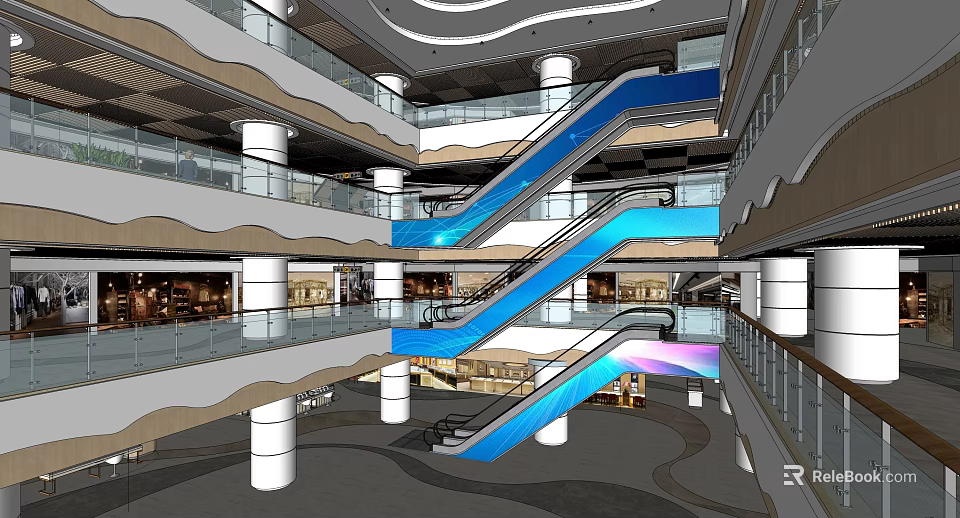 Modern Shopping Mall Interior With Blue Escalators White Columns And Glass Railings 3d model 