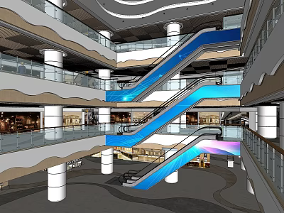 Modern Shopping Mall Interior With Blue Escalators White Columns And Glass Railings 3d model