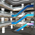 Modern Shopping Mall Interior With Blue Escalators White Columns And Glass Railings