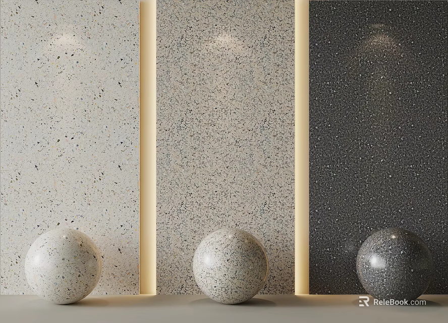 Three Tone Textured Stone And Wood Panels With Spherical Decor For Modern Interior 3d model 