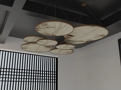 Multiple Round Chandeliers With Bamboo Leaf Pattern Wooden Frame And White Shade Modern Minimalist Interior 3d model