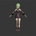 Stylized 3D Anime Character With Green Hair Purple Brown Outfit Decorative Cuffs And Leg Tattoos