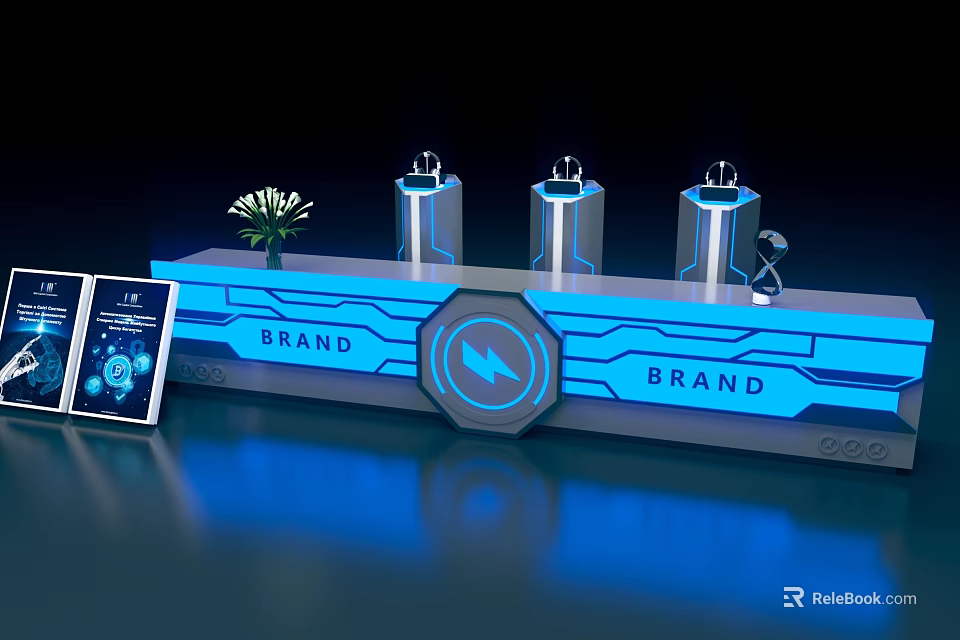 Check In System With Brand Illuminated Device Three Tower Structures And Smartphone Interface 3d model