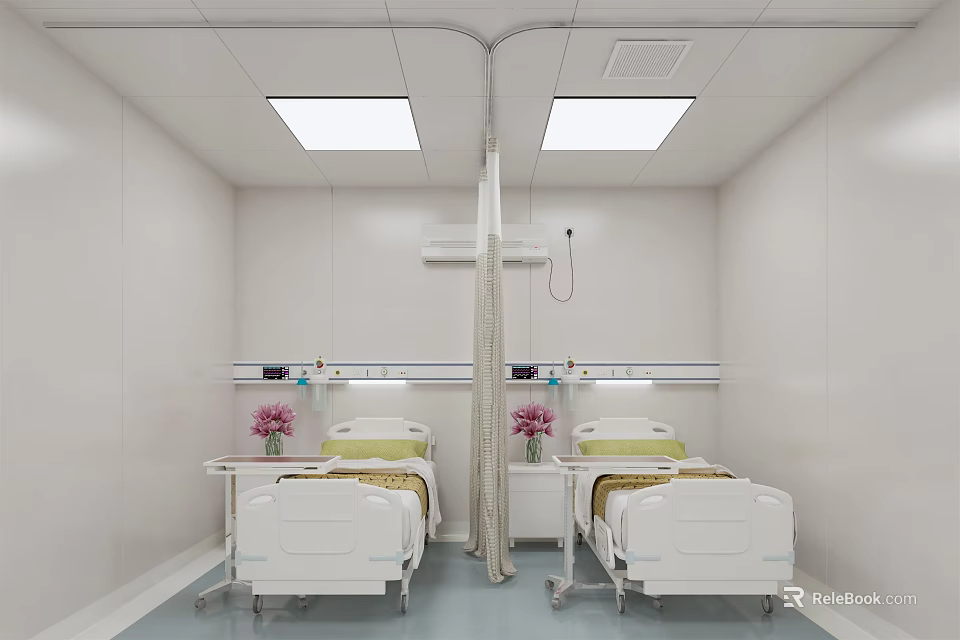 Hospital Outpatient Clinic Room With Two Beds Medical Equipment Ceiling Lights And White Walls 3d model 
