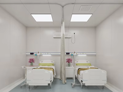 Hospital Outpatient Clinic Room With Two Beds Medical Equipment Ceiling Lights And White Walls 3d model
