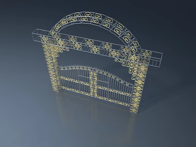 Decorative Metal Swing Door With Golden Intricate Patterns And Arched Top 3d model