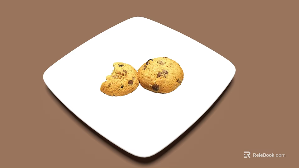 Chocolate Chip Cookies on White Plate with Bitten and Whole Pieces 3d model 