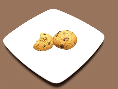 Chocolate Chip Cookies on White Plate with Bitten and Whole Pieces 3d model