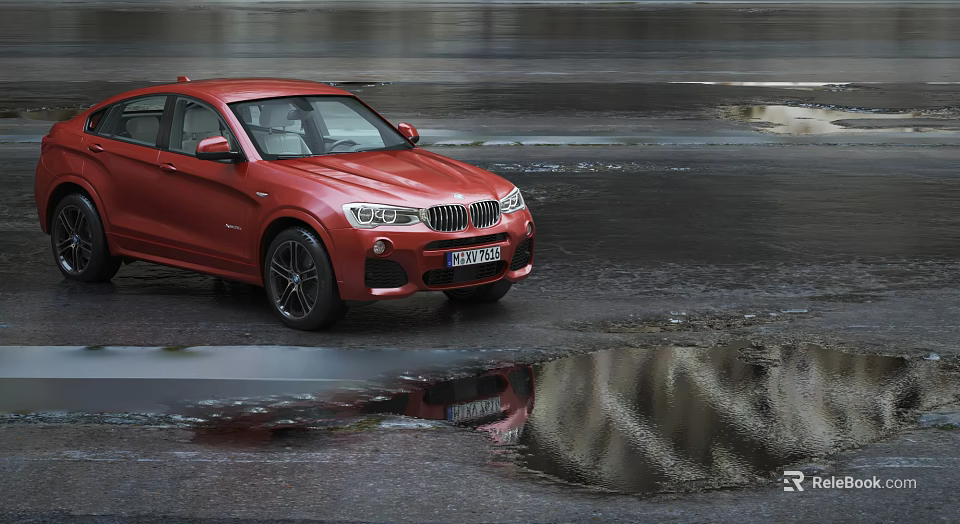 Red BMW SUV Driving On Wet Road With Reflection And Large Wheels 3d model 