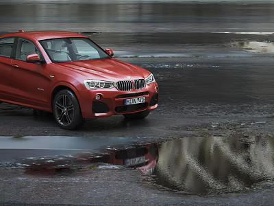 Red BMW SUV Driving On Wet Road With Reflection And Large Wheels 3d model