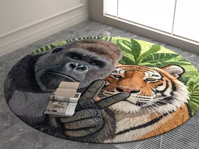 Artistic Round Rug With Gorilla Tiger Print And Green Leaves On Gray Floor 3d model