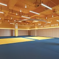 Spacious Martial Arts Training Area With Yellow Mats Blue Flooring And Wooden Walls