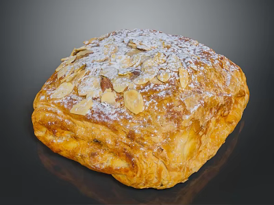 Golden Flaky Puff Pastry With Almond Slices And Powdered Sugar On Square Shape 3d model