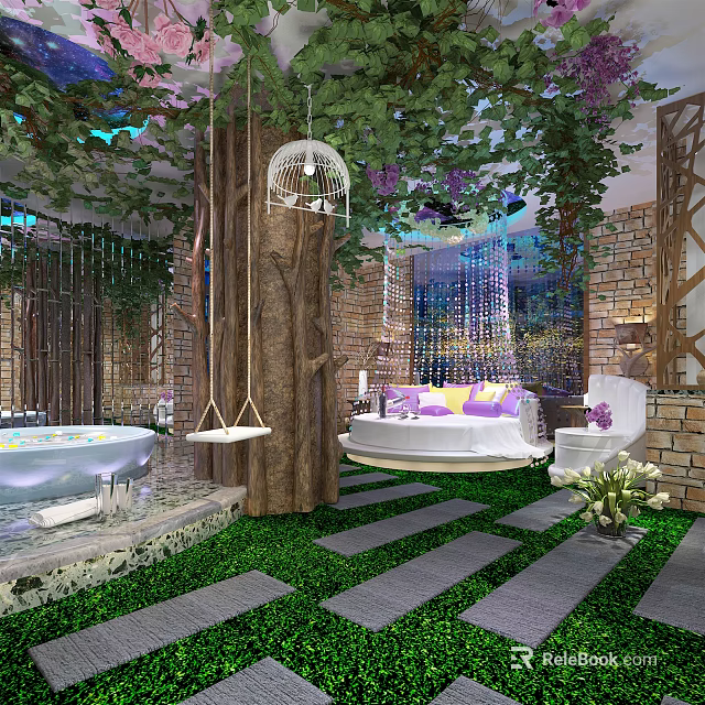 Natural Themed Hotel Room With Tree Swing Bathtub Green Plants And Brick Walls 3d model 