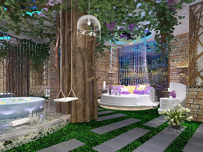 Natural Themed Hotel Room With Tree Swing Bathtub Green Plants And Brick Walls 3d model