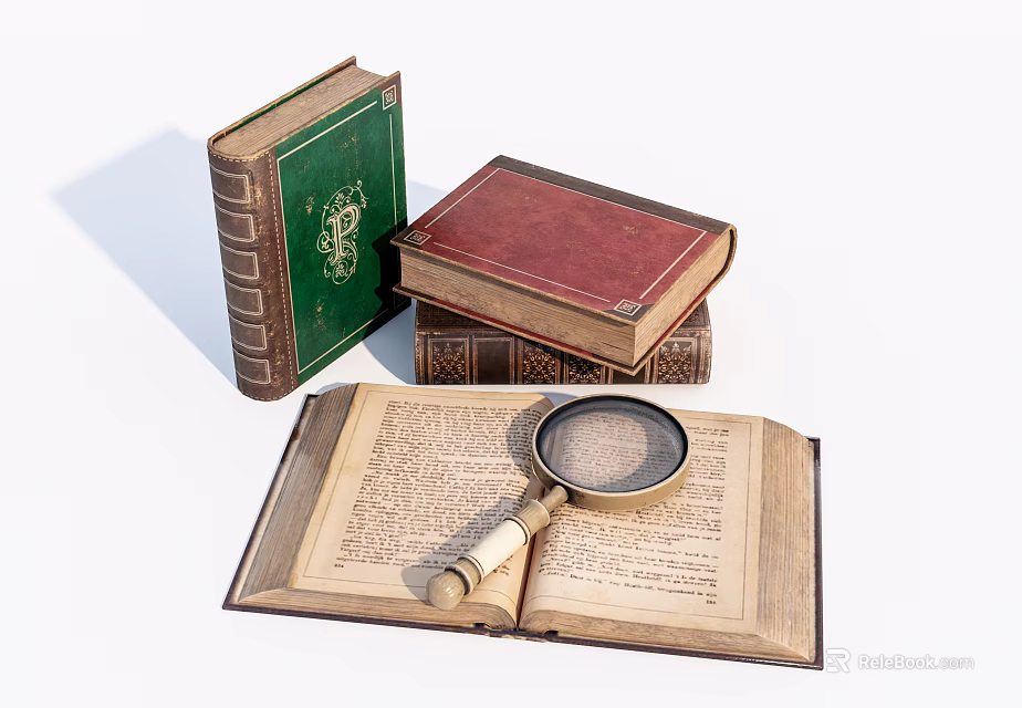 Open Vintage Book With Magnifying Glass And Stacked Colorful Antique Books 3d model 