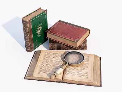 Open Vintage Book With Magnifying Glass And Stacked Colorful Antique Books 3d model