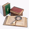 Open Vintage Book With Magnifying Glass And Stacked Colorful Antique Books