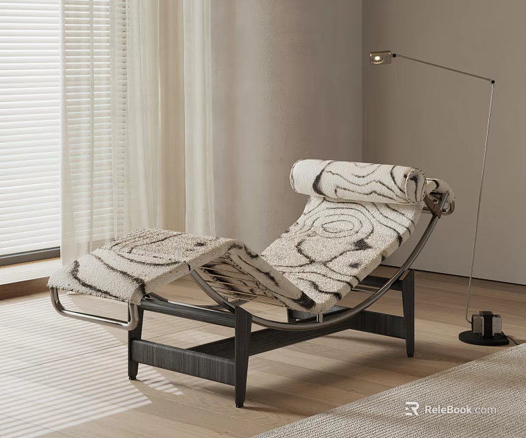 Modern Patterned Lounge Chair With Black Frame In Living Room With Floor Lamp 3d model 