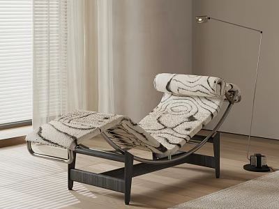 Modern Patterned Lounge Chair With Black Frame In Living Room With Floor Lamp 3d model