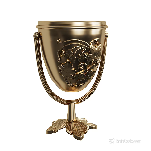 Golden Carved Decorative Ornament Set With Intricate Floral Patterns And Elegant Base Design 3d model 