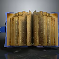 Ancient Open Book With Golden Text And Blue Cover On Dark Background