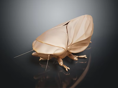 Golden Flying Cicada With Geometric Textured Shiny Surface On Dark Background With Reflection 3d model