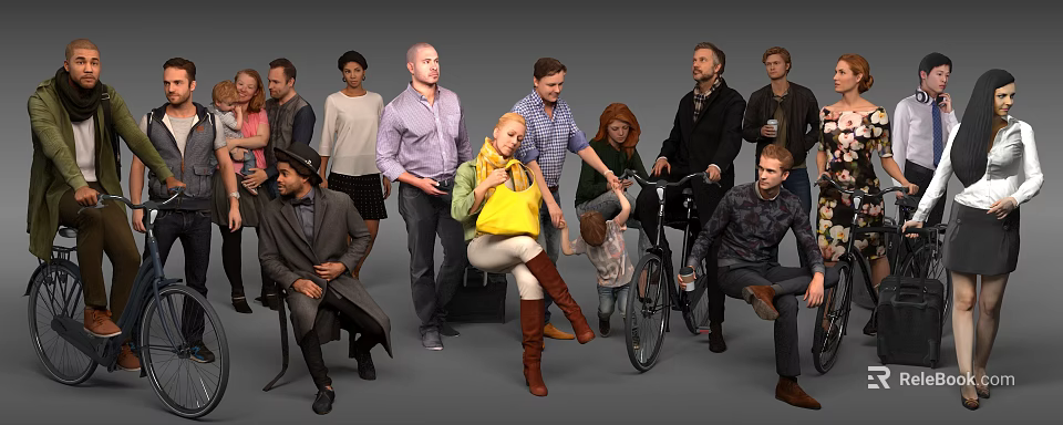 Group of Diverse People Standing Sitting and Interacting with Bicycle and Child 3d model 