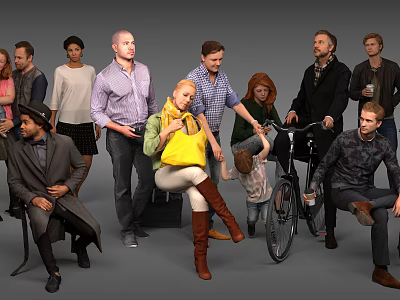 Group of Diverse People Standing Sitting and Interacting with Bicycle and Child 3d model