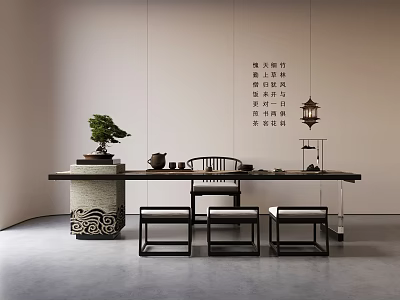Zen Style Table and Chairs with Stone Countertop Bonsai Tea Set Lantern and Calligraphy Background 3d model