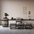 Zen Style Table and Chairs with Stone Countertop Bonsai Tea Set Lantern and Calligraphy Background