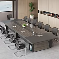 Modern Conference Table With Black Chairs Laptop Green Plant Documents Projection Screen And Large Windows