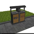 Public Trash Bin With Yellow Doors And Canopy Near Grass Area And Stone Pavement
