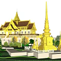 Traditional Ancient Southeast Asian Architecture With Golden Spire Roof Stone Wall And Trees