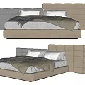 Modern Double Bed with Tufted Headboard Beige Grey Upholstery White Sheets and Blanket 3d model
