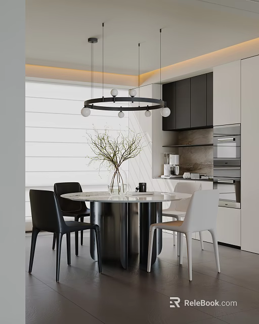 Modern Restaurant Interior With Round Dining Table Black White Chairs Pendant Light And Plant 3d model 