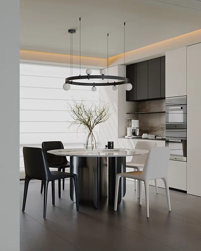 Modern Restaurant Interior With Round Dining Table Black White Chairs Pendant Light And Plant 3d model