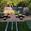 Beautiful Garden Wall Design In Outdoor Space With Wooden Deck And Cherry Blossom Trees