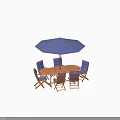 Round Wooden Outdoor Table with Blue Chairs and Blue Umbrella for Patio