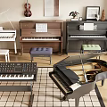 Musical Instruments and Art Supplies with Pianos Violin Keyboard in Bright Studio
