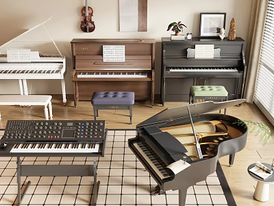 Musical Instruments and Art Supplies with Pianos Violin Keyboard in Bright Studio 3d model