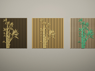 Modern Wall with Golden Square and Yellow Bamboo 3d model