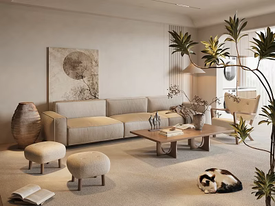 Beige Sofa and Wooden Coffee Table Set with Stools Plants Wall Art on Carpet 3d model