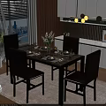 Modern Dining Table Set with Marble Top Four Leather Chairs and Greenery Vase Tableware