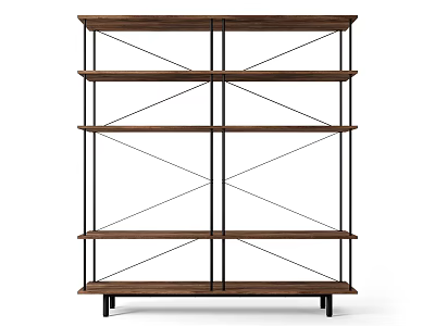 Modern Wooden Bookshelf With Metal Frame And Crossed Lines Multi Layer Shelves 3d model